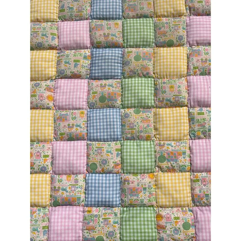 Vintage Handmade 55”x85” Puff Square patchwork quilt blanket large throw checker